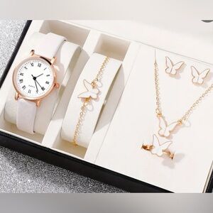 Women’s 6pc.  White Butterfly Watch and Jewelry Set